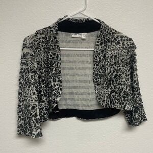 CHICOS‎ Black White Animal Print Sheer Mesh Cropped Bolero Jacket Women Size 0